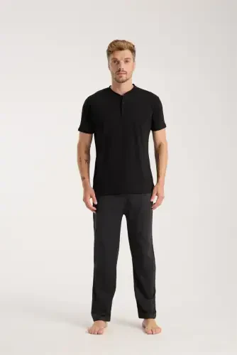 Akbeniz Men's Smokey Gray Buttoned Collar Short Sleeve Pajama Set - 5