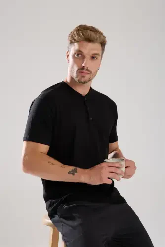 Akbeniz Men's Smokey Gray Buttoned Collar Short Sleeve Pajama Set - 6