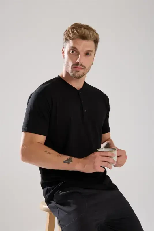 Akbeniz Men's Smokey Gray Buttoned Collar Short Sleeve Pajama Set - 6