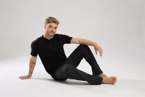 Akbeniz Men's Smokey Gray Buttoned Collar Short Sleeve Pajama Set - 9