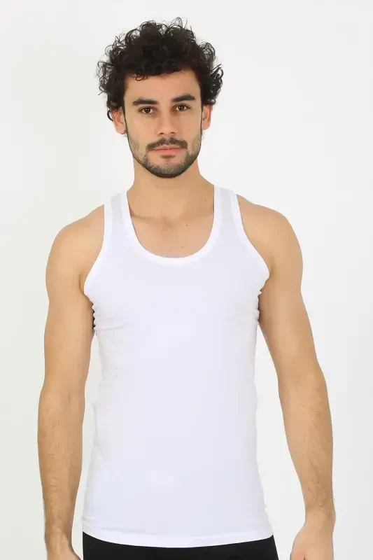 Akbeniz Men's White Ribbed Tank Top 6502 - 5