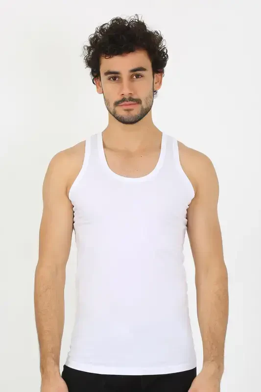 Akbeniz Men's White Ribbed Tank Top 6502 - 6