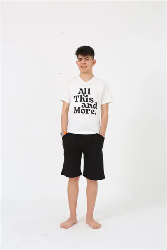 Akbeniz Men's Young Waiter Boy Short Sleeve Ecru Knit Shorts Pajamas Set 20377 - Akbeniz