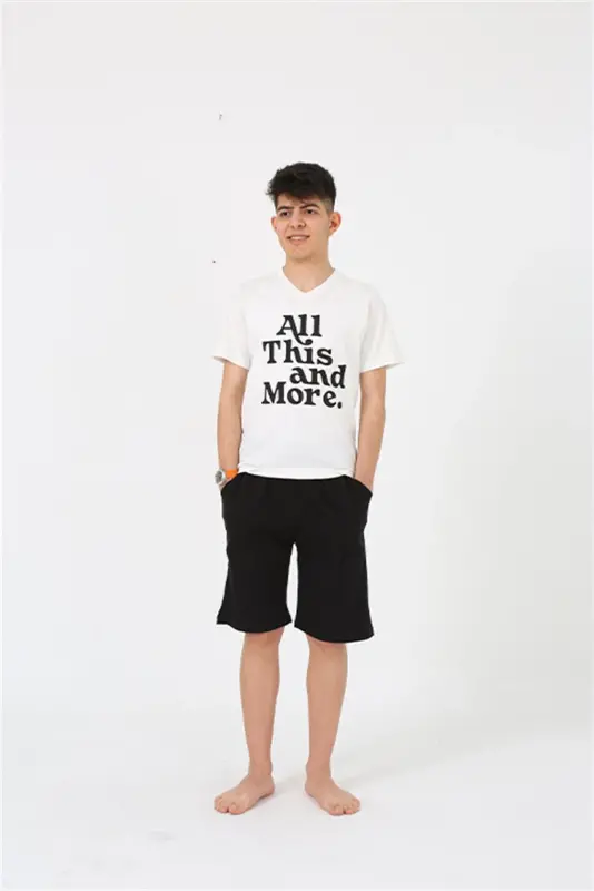Akbeniz Men's Young Waiter Boy Short Sleeve Ecru Knit Shorts Pajamas Set 20377 - 1