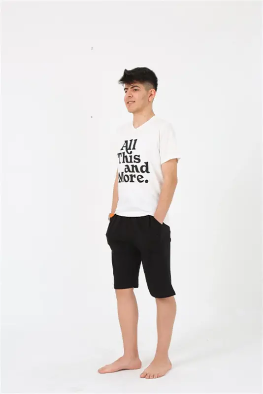 Akbeniz Men's Young Waiter Boy Short Sleeve Ecru Knit Shorts Pajamas Set 20377 - 2
