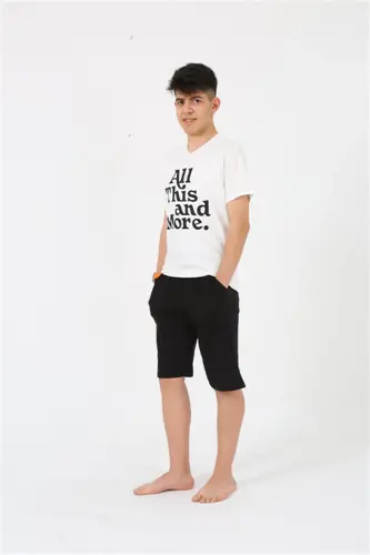 Akbeniz Men's Young Waiter Boy Short Sleeve Ecru Knit Shorts Pajamas Set 20377 - 3