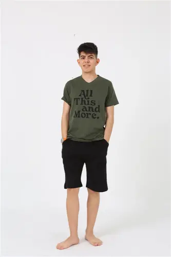 Akbeniz Men's Young Waiter Boy Short Sleeve Khaki Knit Shorts Pajamas Set 20377 - 3