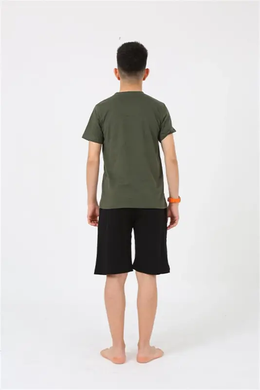 Akbeniz Men's Young Waiter Boy Short Sleeve Khaki Knit Shorts Pajamas Set 20377 - 4
