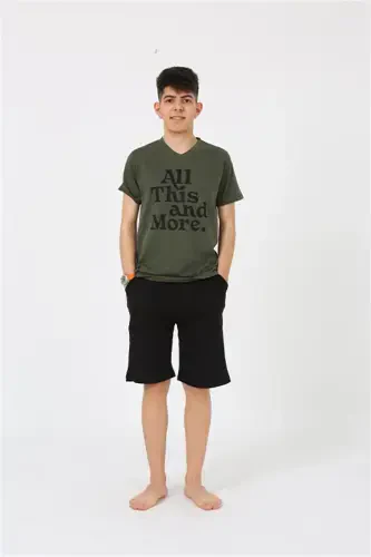 Akbeniz Men's Young Waiter Boy Short Sleeve Khaki Knit Shorts Pajamas Set 20377 