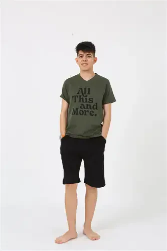 Akbeniz Men's Young Waiter Boy Short Sleeve Khaki Knit Shorts Pajamas Set 20377 - 3
