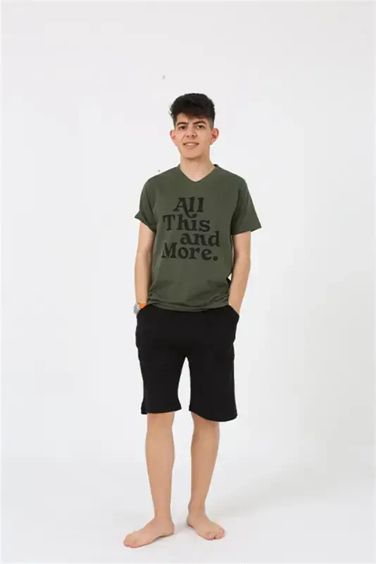 Akbeniz Men's Young Waiter Boy Short Sleeve Khaki Knit Shorts Pajamas Set 20377 - 3