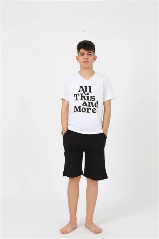 Akbeniz Men's Young Waiter Boy Short Sleeve White Knitted Shorts Pajamas Set 20377 - AKBENIZ