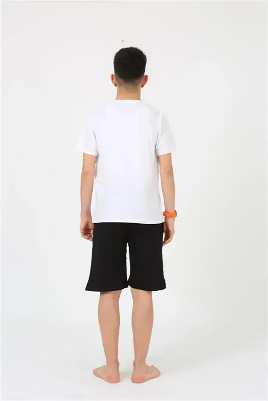 Akbeniz Men's Young Waiter Boy Short Sleeve White Knitted Shorts Pajamas Set 20377 - 4