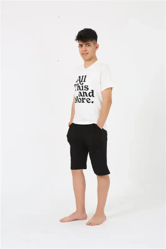 Акбениз Мужской Молодой Официант Мальчик Короткий Рукав Экрю Трикотажный Шорты Пижамный Комплект 20377 - 3