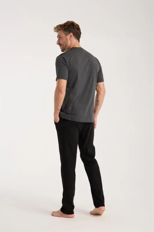 Акбениз Мужской Темно-синий Комплект Пижамы с Шортами, Коротким Рукавом и Круглым Вырезом - 6