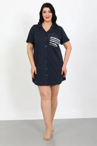 Akbeniz Plus Size Cotton Buttoned Navy Blue Tunic Nightgown 1025 