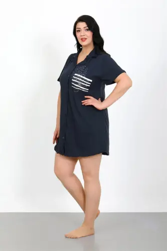 Akbeniz Plus Size Cotton Buttoned Navy Blue Tunic Nightgown 1025 - 5