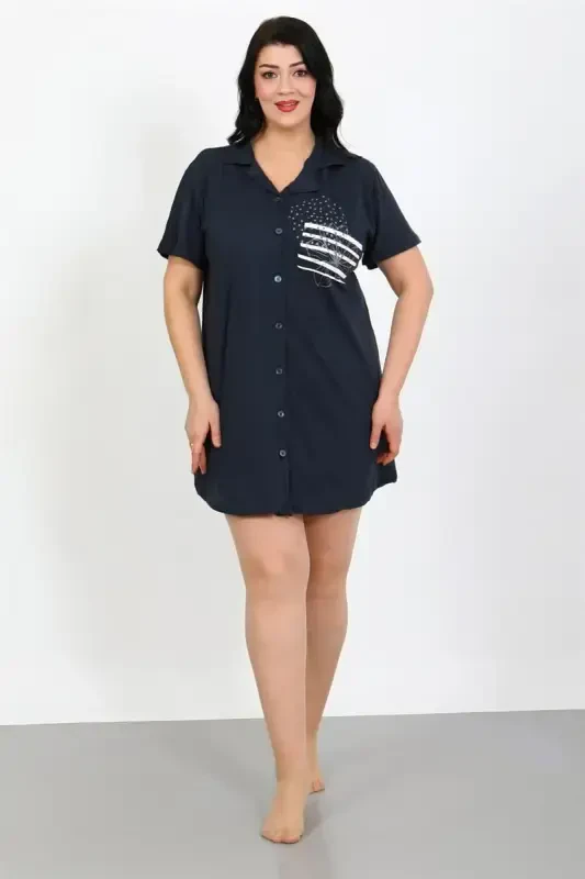 Akbeniz Plus Size Cotton Buttoned Navy Blue Tunic Nightgown 1025 - 1