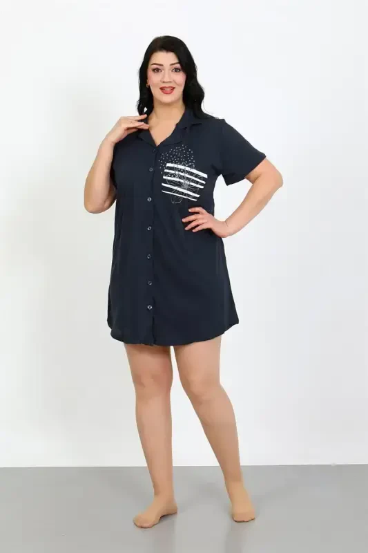 Akbeniz Plus Size Cotton Buttoned Navy Blue Tunic Nightgown 1025 - 2