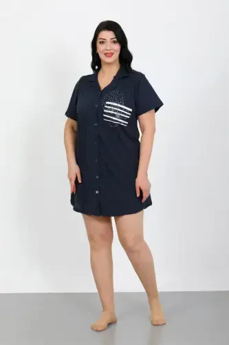 Akbeniz Plus Size Cotton Buttoned Navy Blue Tunic Nightgown 1025 - 4