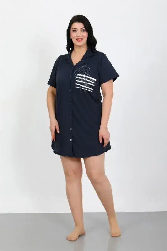 Akbeniz Plus Size Cotton Buttoned Navy Blue Tunic Nightgown 1025 - 4