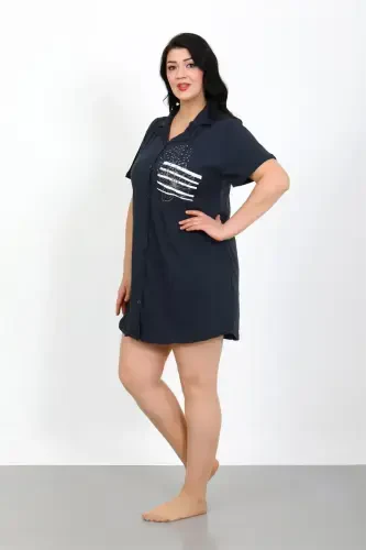 Akbeniz Plus Size Cotton Buttoned Navy Blue Tunic Nightgown 1025 - 5