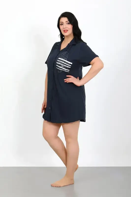 Akbeniz Plus Size Cotton Buttoned Navy Blue Tunic Nightgown 1025 - 5