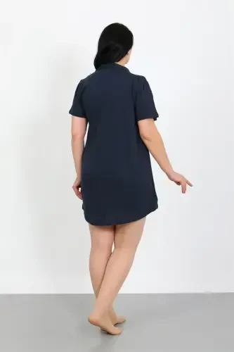 Akbeniz Plus Size Cotton Buttoned Navy Blue Tunic Nightgown 1025 - 6