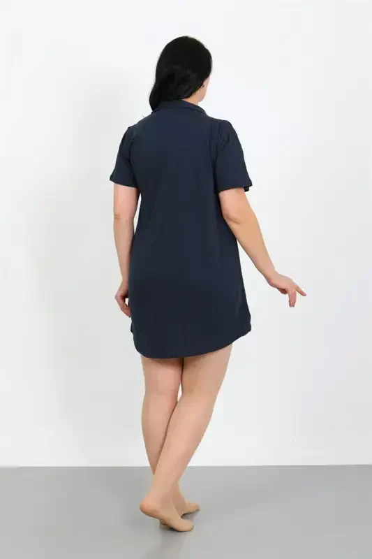 Akbeniz Plus Size Cotton Buttoned Navy Blue Tunic Nightgown 1025 - 6
