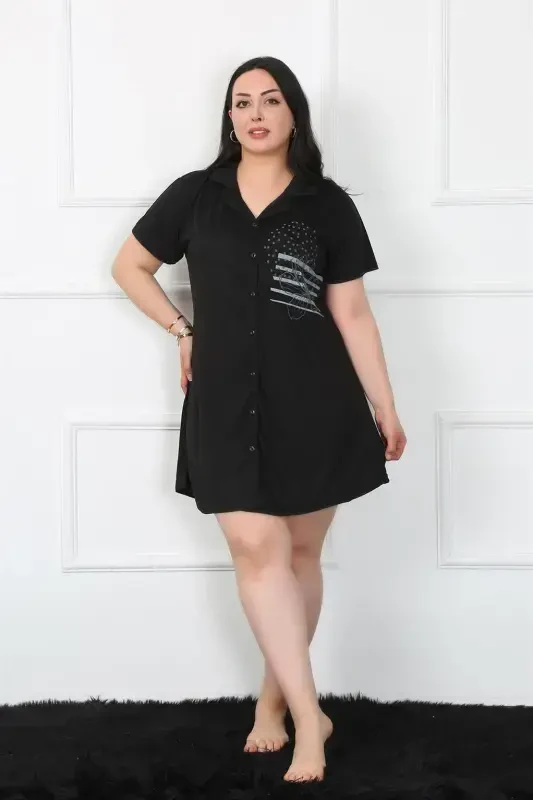 Akbeniz Plus Size Knitted Buttoned Black Tunic Nightdress 1025 - 1