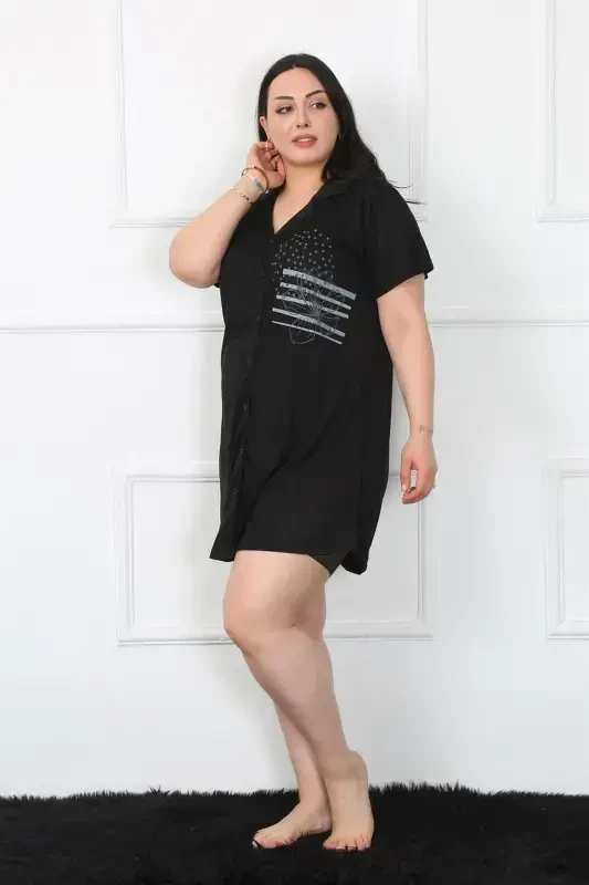 Akbeniz Plus Size Knitted Buttoned Black Tunic Nightdress 1025 - 3