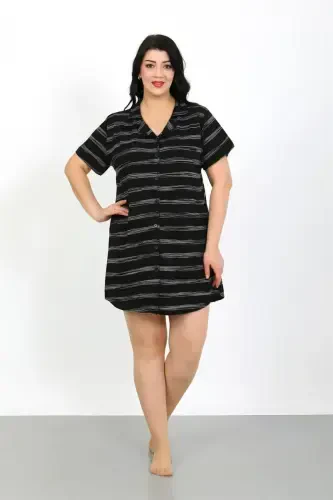Akbeniz Plus Size Knitted Buttoned Black Tunic Nightdress 1033 - 4