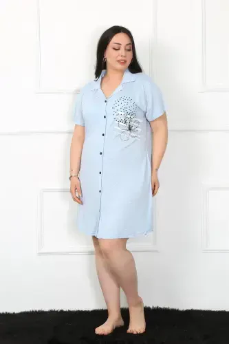 Akbeniz Plus Size Knitted Buttoned Blue Tunic Nightdress 1025 