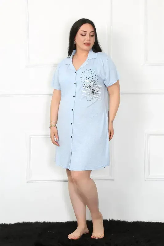 Akbeniz Plus Size Knitted Buttoned Blue Tunic Nightdress 1025 - 1