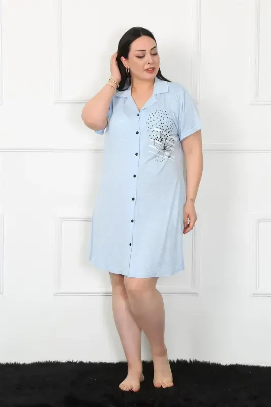 Akbeniz Plus Size Knitted Buttoned Blue Tunic Nightdress 1025 - 2