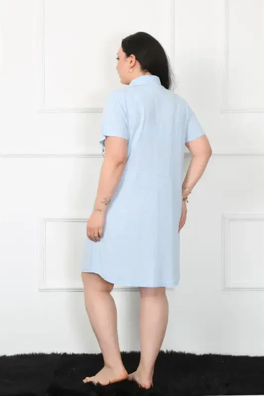 Akbeniz Plus Size Knitted Buttoned Blue Tunic Nightdress 1025 - 4