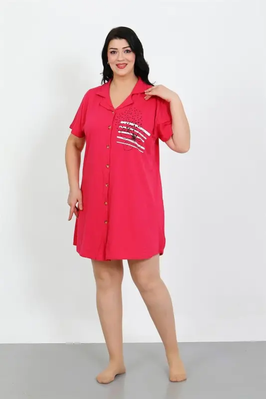 Akbeniz Plus Size Knitted Buttoned Fuchsia Tunic Nightdress 1025 - 1
