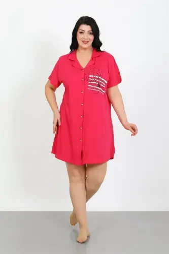 Akbeniz Plus Size Knitted Buttoned Fuchsia Tunic Nightdress 1025 - 2