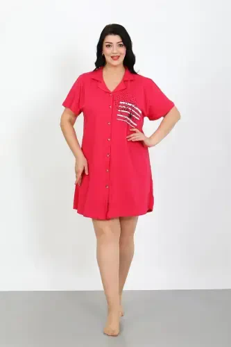 Akbeniz Plus Size Knitted Buttoned Fuchsia Tunic Nightdress 1025 - 5