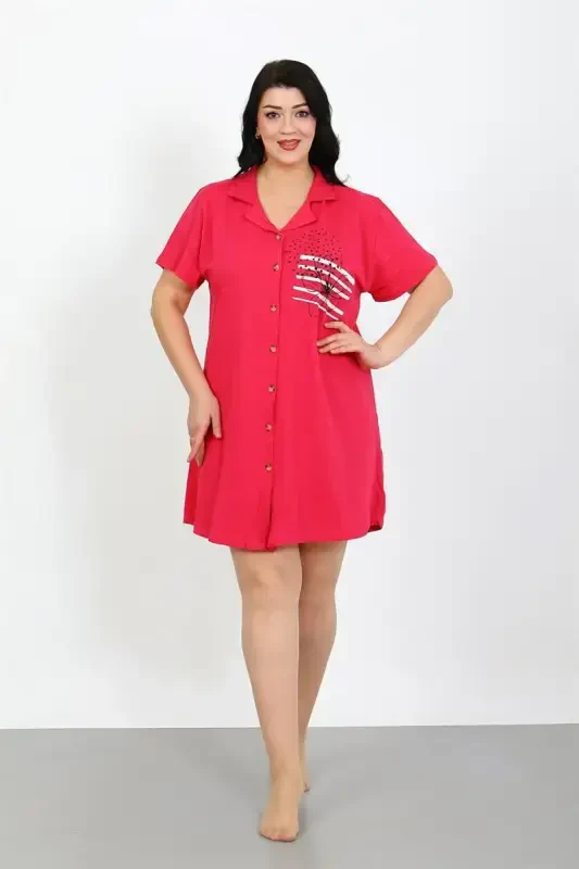 Akbeniz Plus Size Knitted Buttoned Fuchsia Tunic Nightdress 1025 - 5