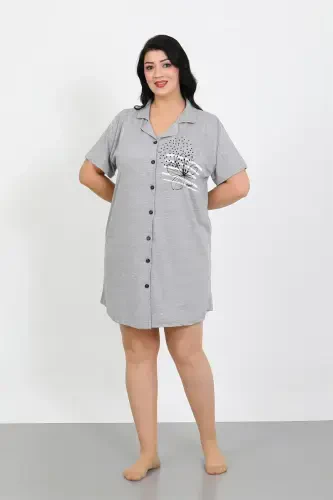 Akbeniz Plus Size Knitted Buttoned Gray Tunic Nightdress 1025 - 3