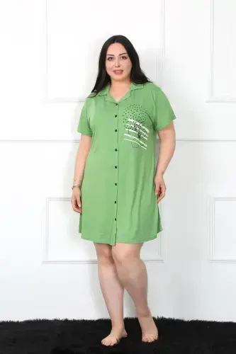 Akbeniz Plus Size Knitted Buttoned Green Tunic Nightdress 1025 