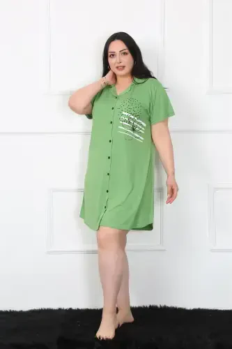Akbeniz Plus Size Knitted Buttoned Green Tunic Nightdress 1025 - 2