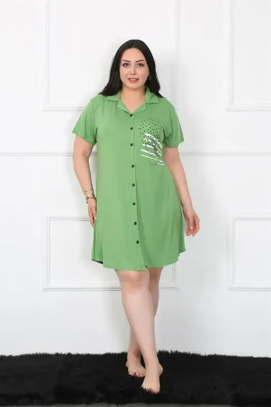 Akbeniz Plus Size Knitted Buttoned Green Tunic Nightdress 1025 - 3
