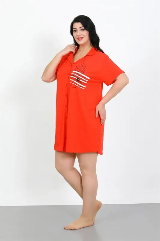 Akbeniz Plus Size Knitted Buttoned Pomegranate Tunic Nightdress 1025 - 4