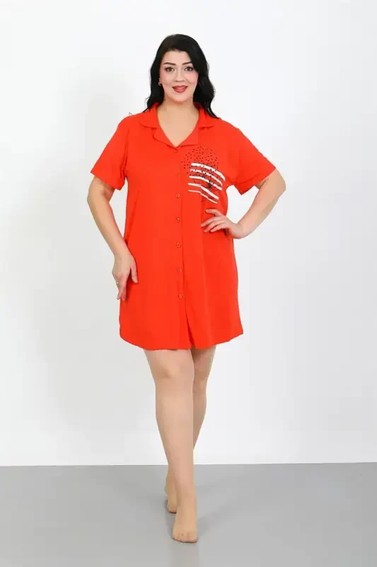 Akbeniz Plus Size Knitted Buttoned Pomegranate Tunic Nightdress 1025 - 5
