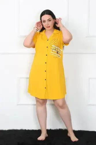 Akbeniz Plus Size Knitted Buttoned Yellow Tunic Nightdress 1025 