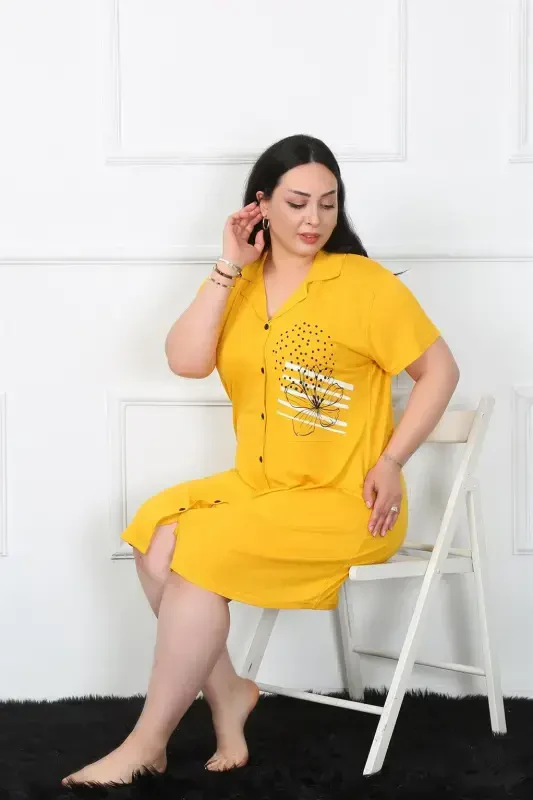 Akbeniz Plus Size Knitted Buttoned Yellow Tunic Nightdress 1025 - 2