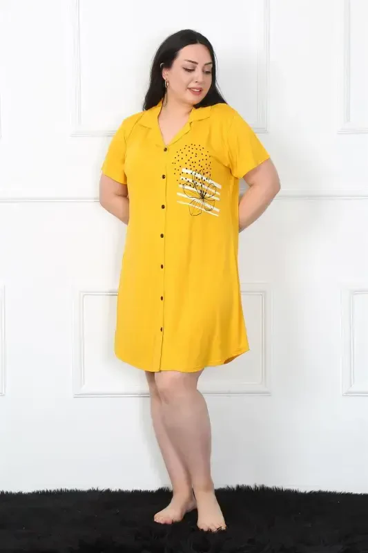 Akbeniz Plus Size Knitted Buttoned Yellow Tunic Nightdress 1025 - 3