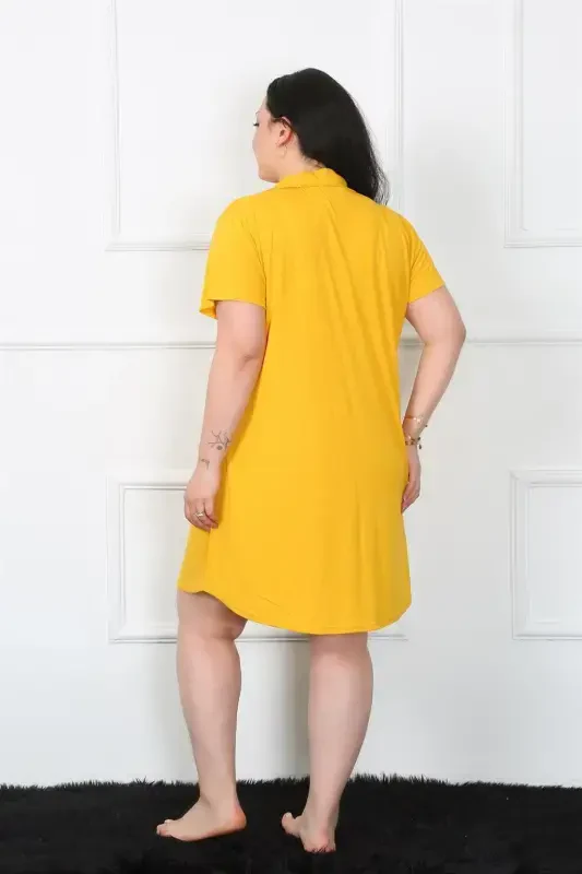 Akbeniz Plus Size Knitted Buttoned Yellow Tunic Nightdress 1025 - 4